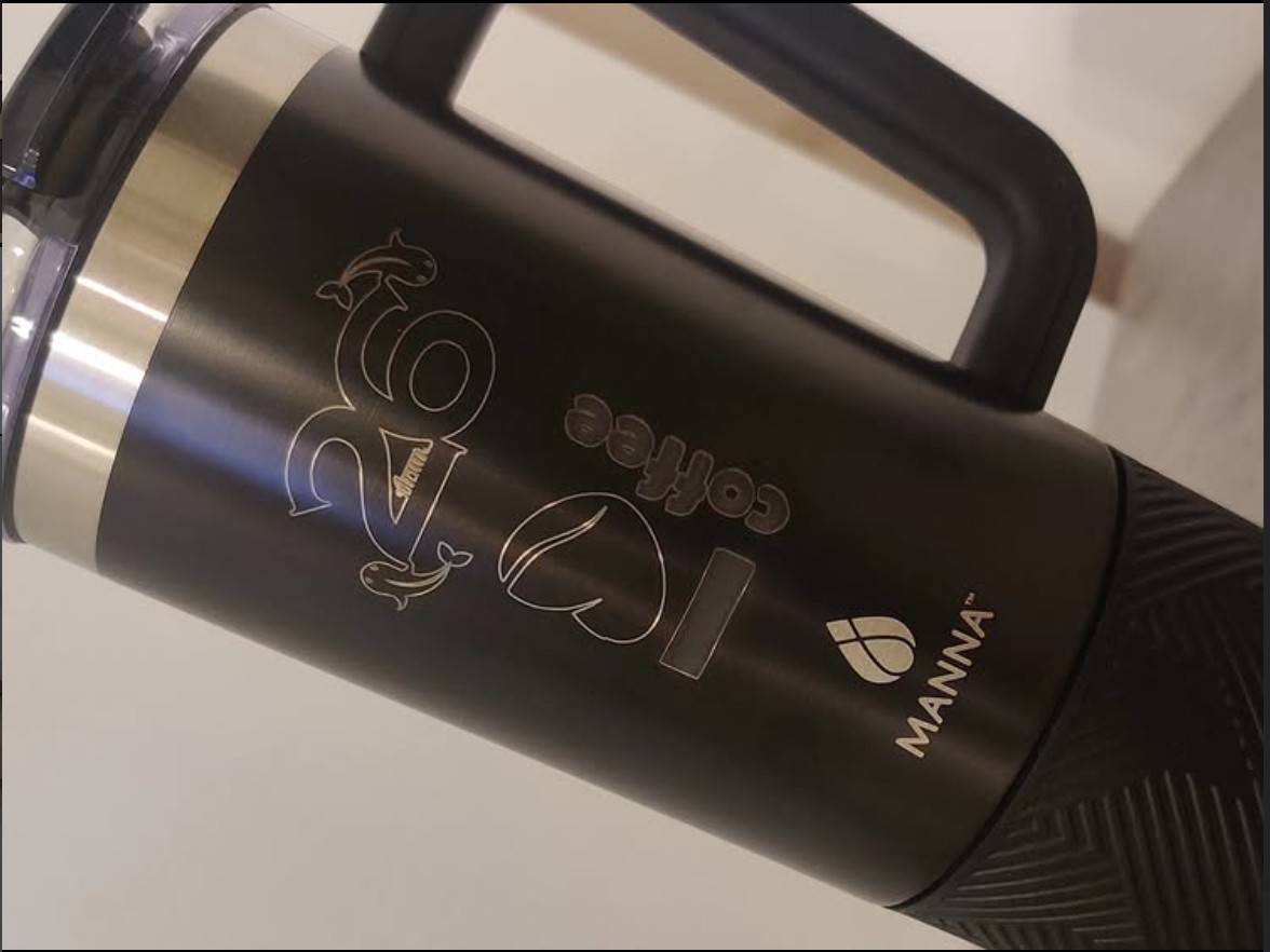 Laser Engraved Mug: Thermos with custom laser engraved typography